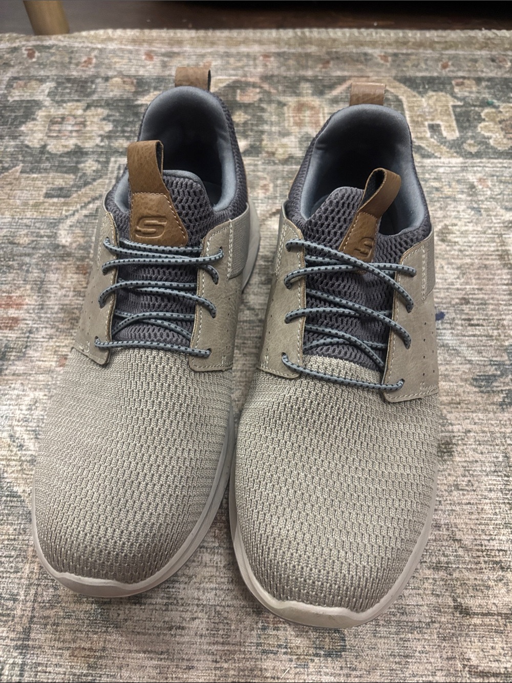 Skechers Men’s Gray Knit Lace-Up Sneakers with Tan Accents